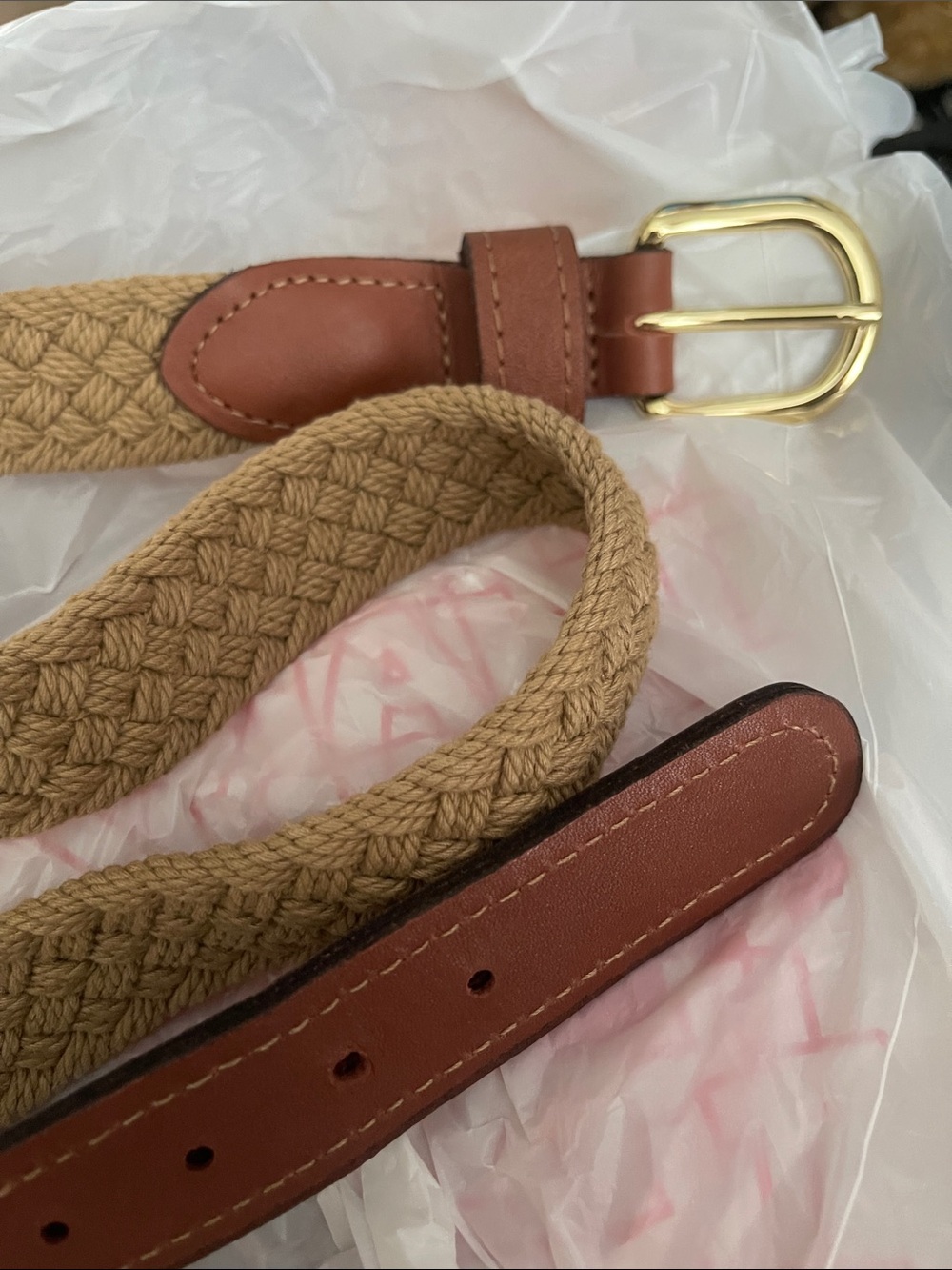 Khaki Woven Men's Belt with Brown Leather West Marine Size 36